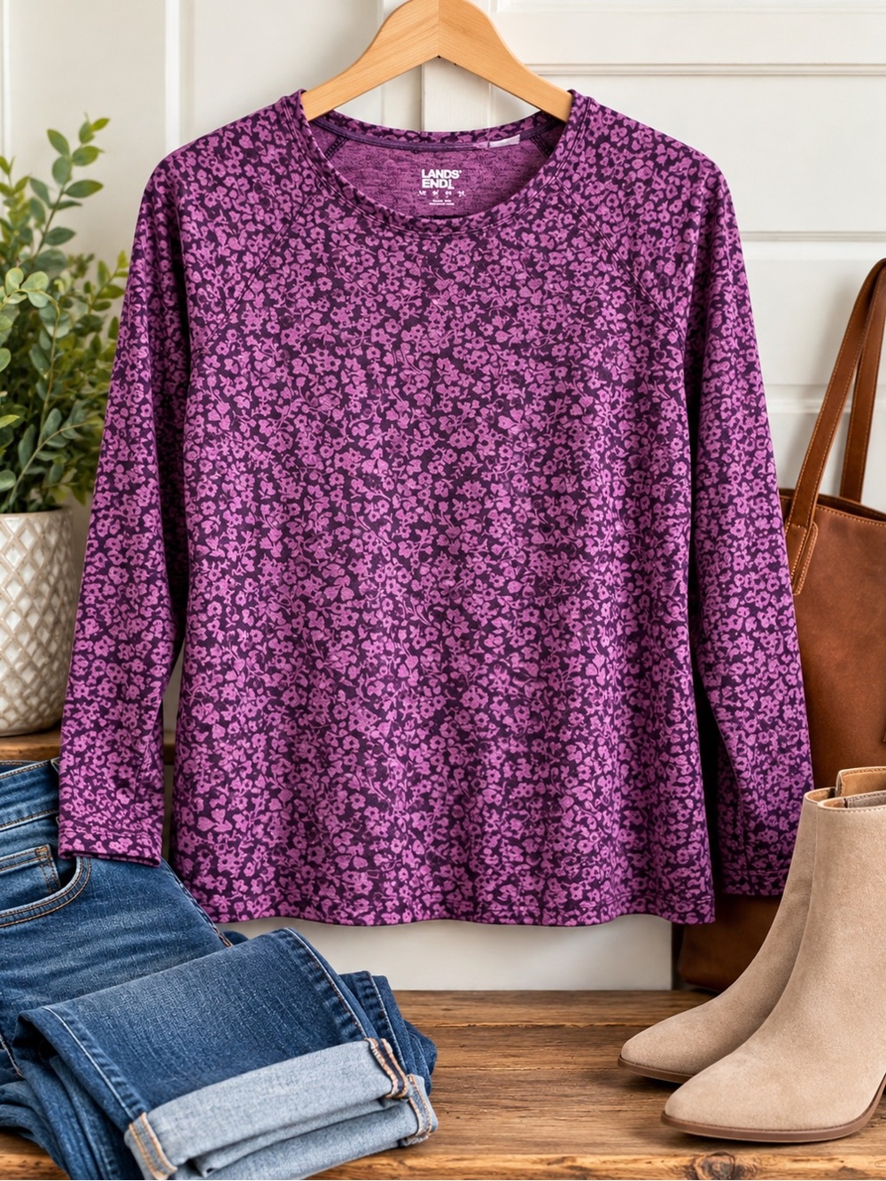 Lands' End Purple Micro Floral Long-Sleeve Tee